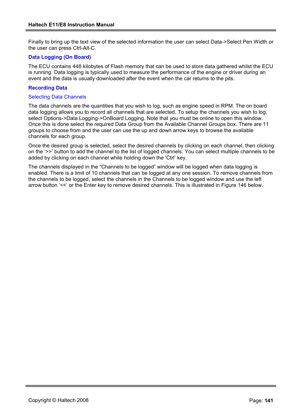 Data logging (on board) | Haltech E8 User Manual | Page 141 / 177