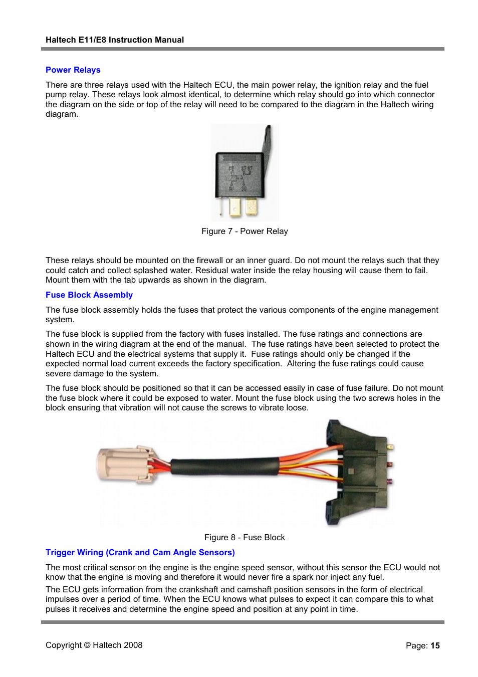 Power relays, Trigger wiring (crank and cam angle sensors) | Haltech E8 User Manual | Page 15 / 177
