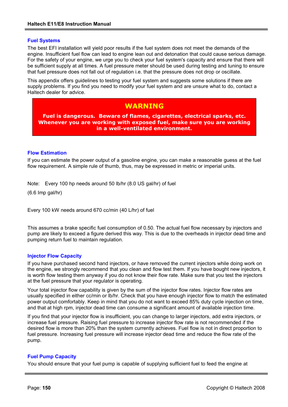 Fuel systems, Flow estimation, Injector flow capacity | Fuel pump capacity, Warning | Haltech E8 User Manual | Page 150 / 177