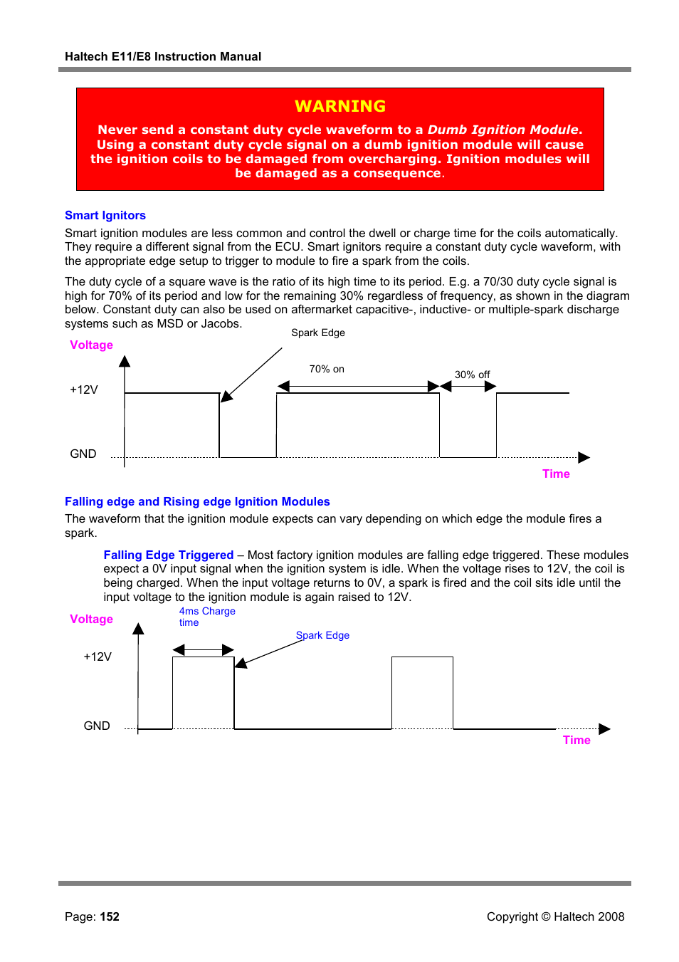 Smart ignitors, Falling edge and rising edge ignition modules, Warning | Haltech E8 User Manual | Page 152 / 177