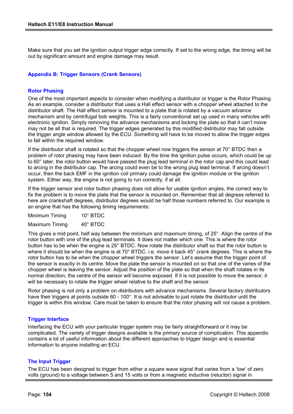 Appendix b: trigger sensors (crank sensors), Rotor phasing, Trigger interface | The input trigger | Haltech E8 User Manual | Page 154 / 177