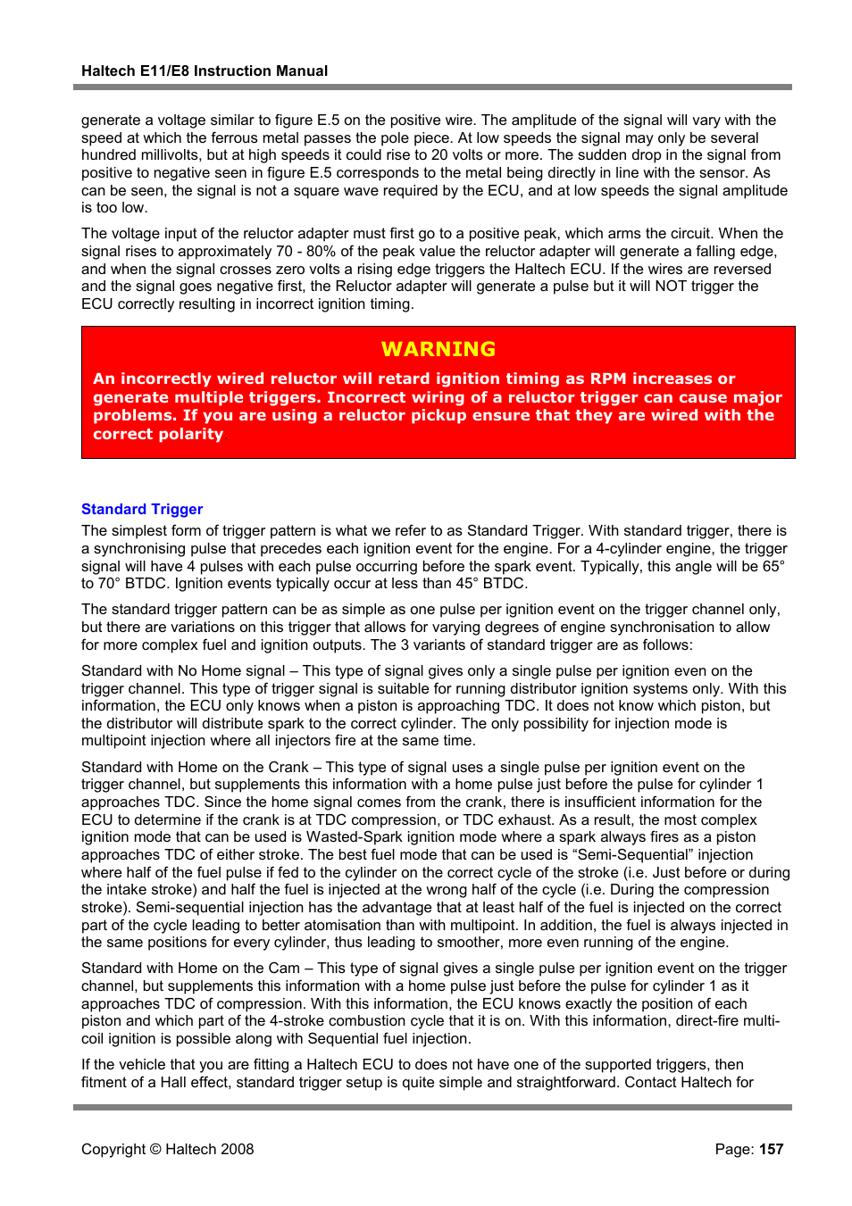 Standard trigger, Warning | Haltech E8 User Manual | Page 157 / 177