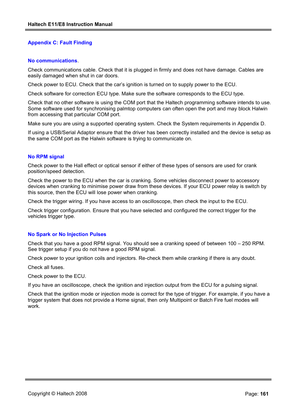 Appendix c: fault finding | Haltech E8 User Manual | Page 161 / 177