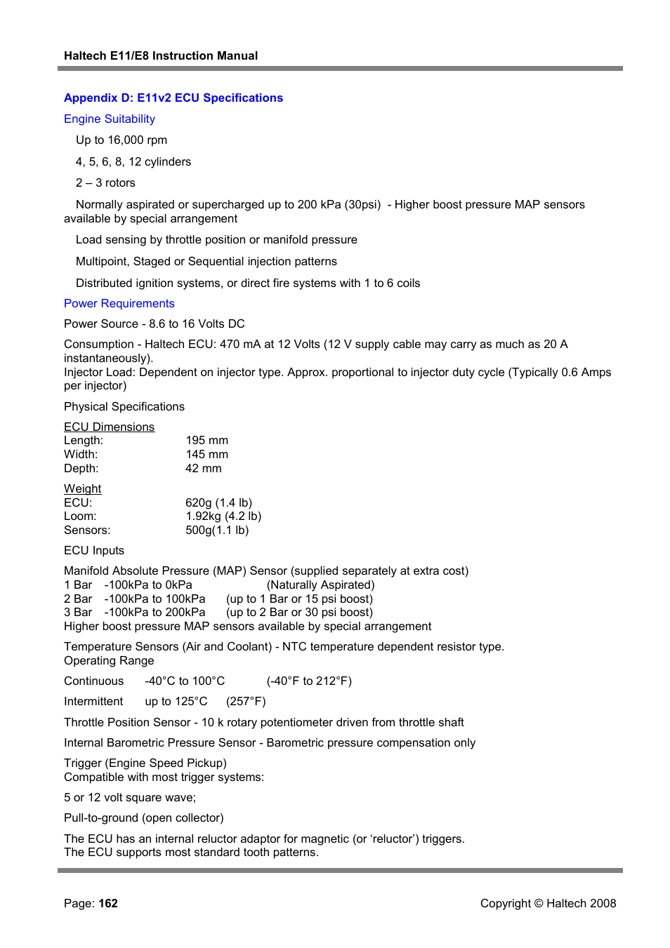 Appendix d: e11v2 ecu specifications | Haltech E8 User Manual | Page 162 / 177