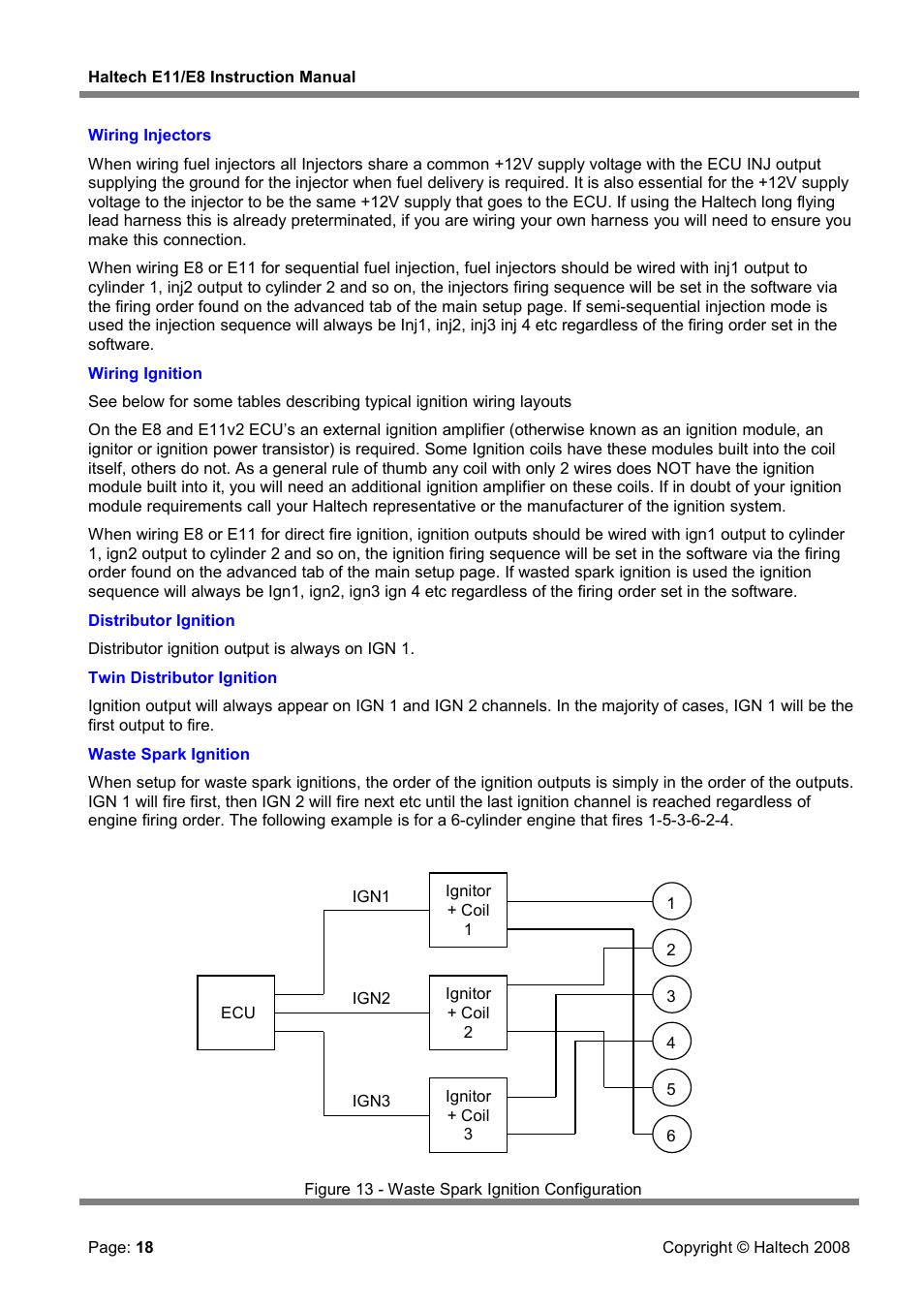 Wiring injectors, Wiring ignition | Haltech E8 User Manual | Page 18 / 177