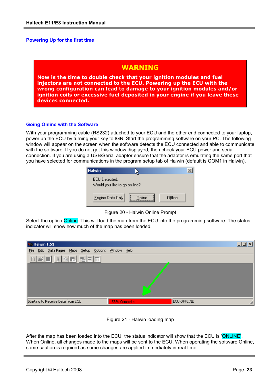 Powering up for the first time, Warning | Haltech E8 User Manual | Page 23 / 177