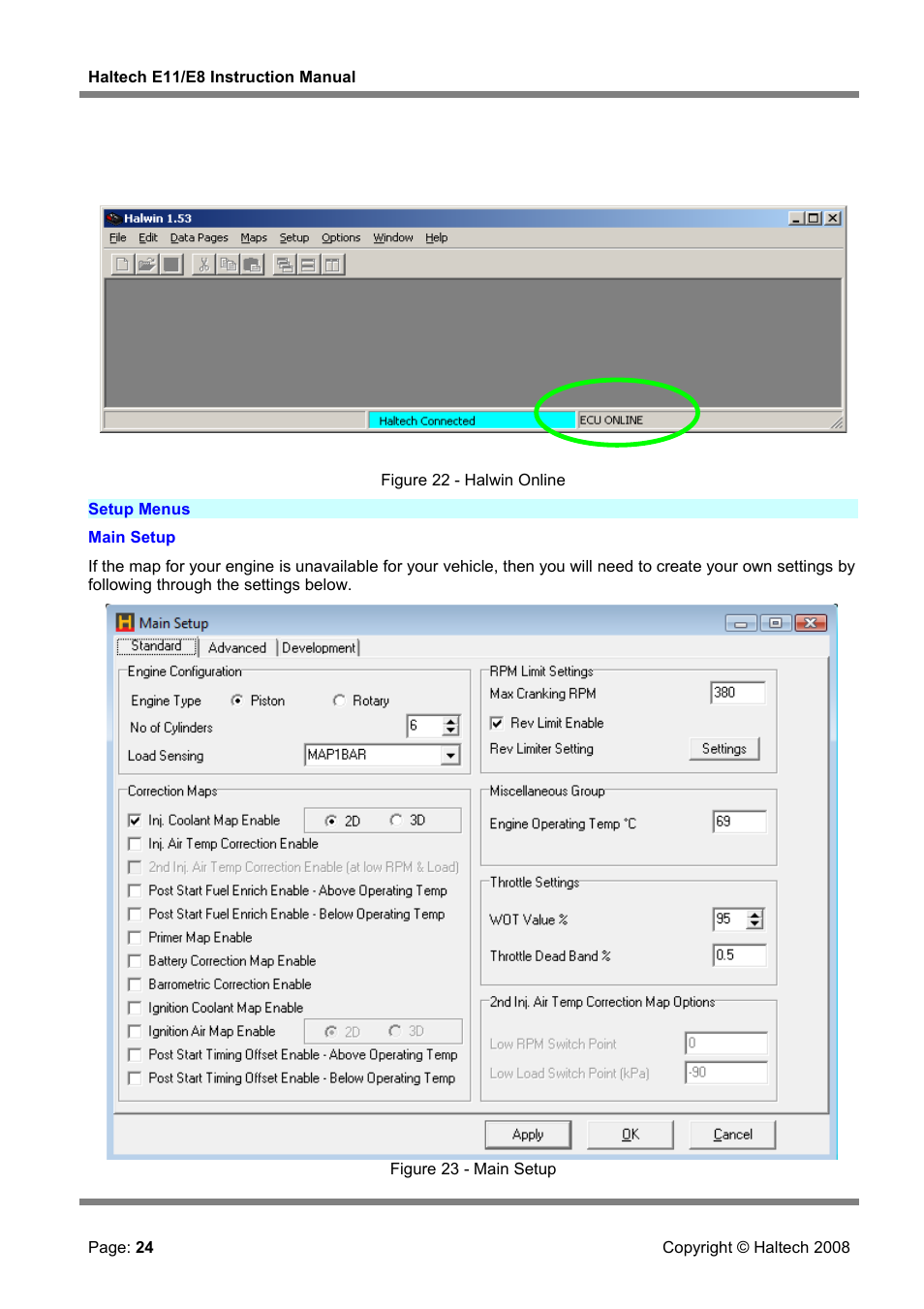 Setup menus, Main setup | Haltech E8 User Manual | Page 24 / 177