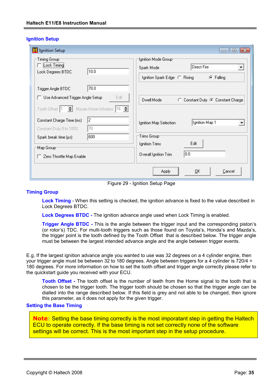 Ignition setup, Setting the base timing | Haltech E8 User Manual | Page 35 / 177