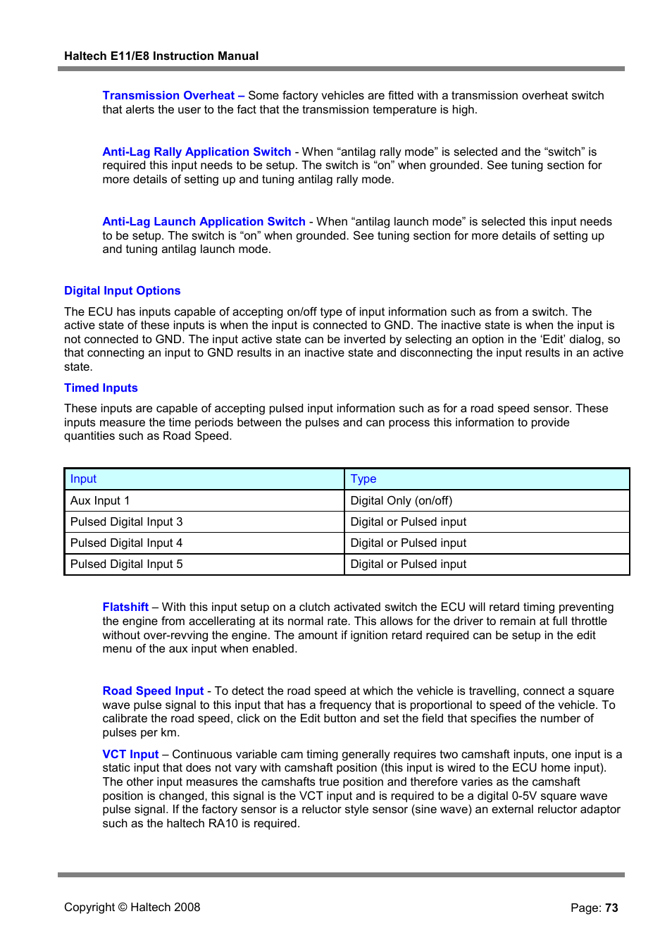 Digital input options, Timed inputs | Haltech E8 User Manual | Page 73 / 177