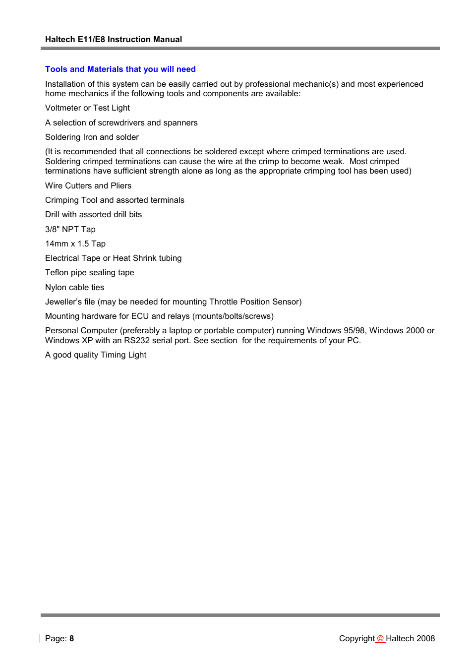 Tools and materials that you will need | Haltech E8 User Manual | Page 8 / 177