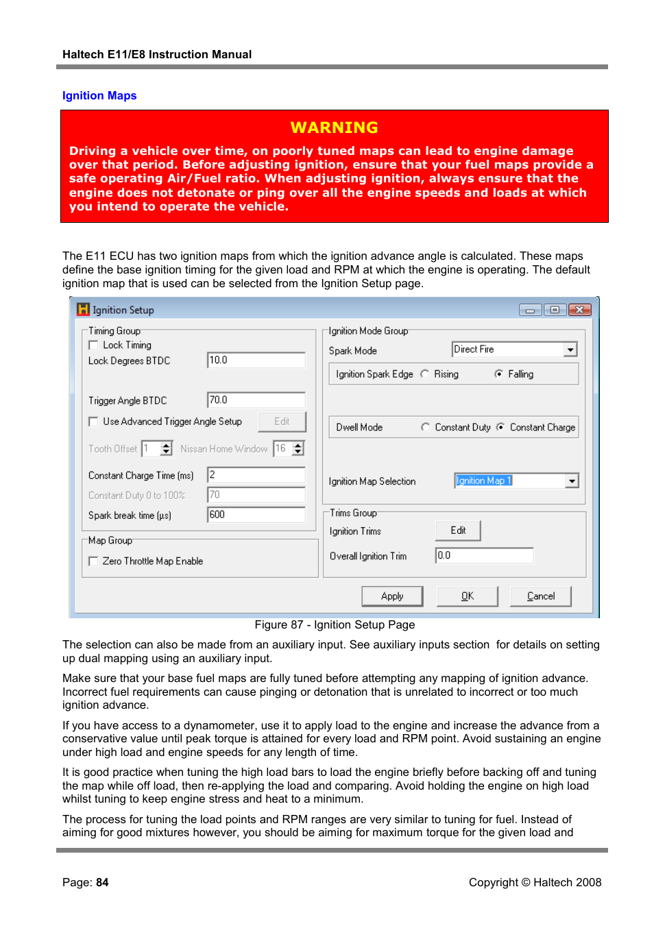 Ignition maps, Warning | Haltech E8 User Manual | Page 84 / 177