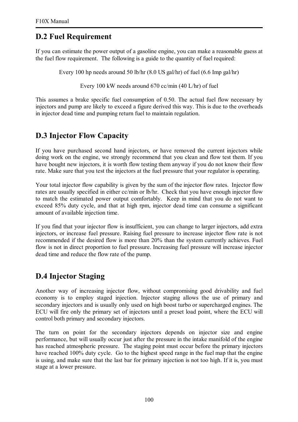 D.2 fuel requirement, D.3 injector flow capacity, D.4 injector staging | Haltech F10X User Manual | Page 100 / 120