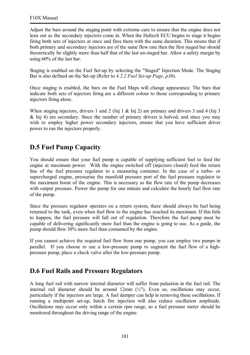 D.5 fuel pump capacity, D.6 fuel rails and pressure regulators | Haltech F10X User Manual | Page 101 / 120