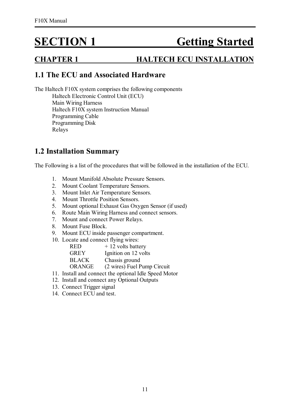Chapter 1 haltech ecu installation, 1 the ecu and associated hardware, 2 installation summary | Haltech F10X User Manual | Page 11 / 120