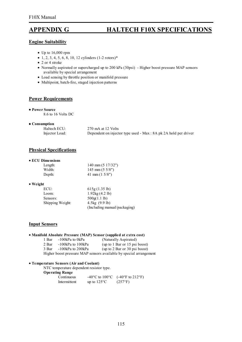 Appendix g haltech f10x specifications | Haltech F10X User Manual | Page 115 / 120