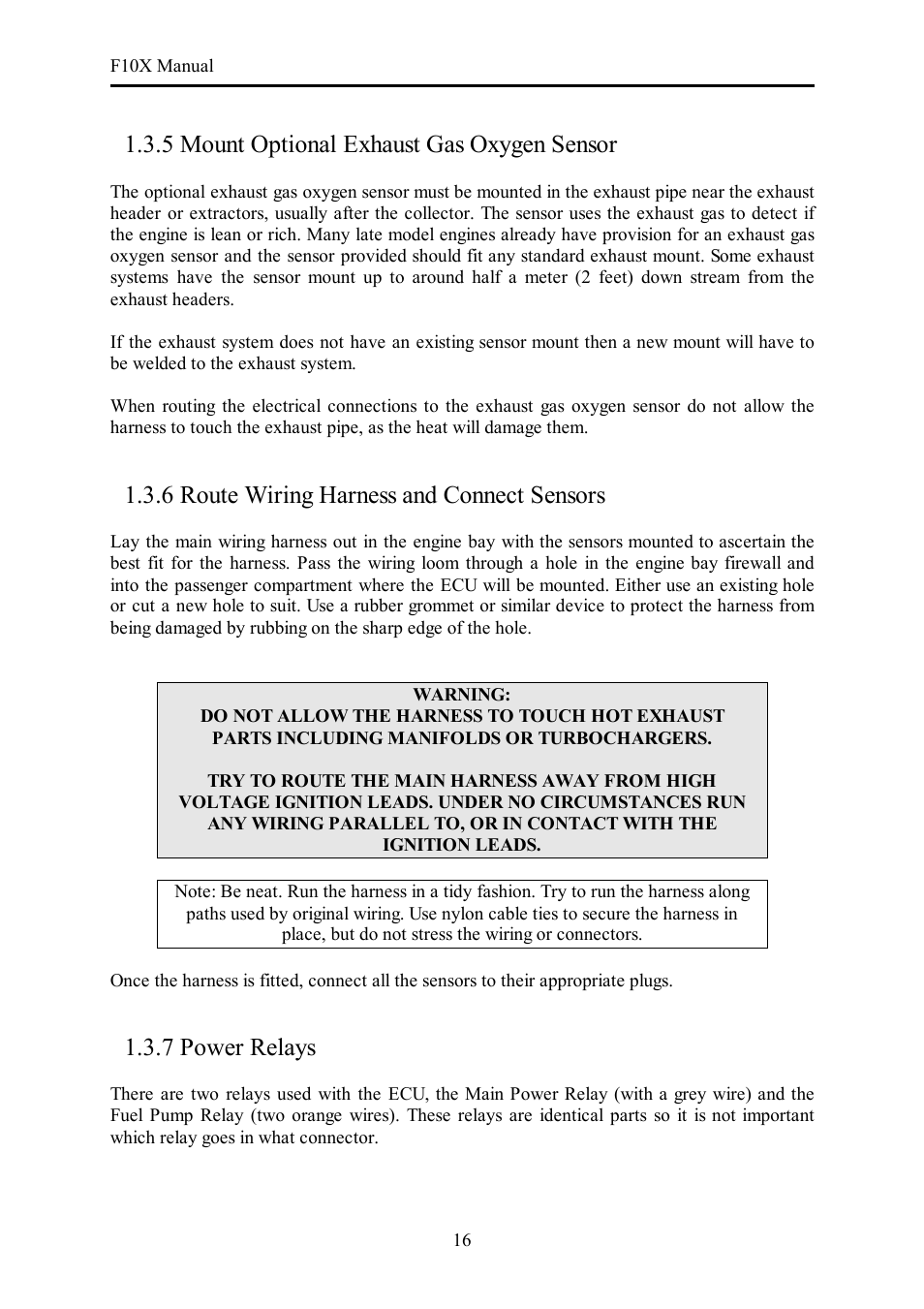 5 mount optional exhaust gas oxygen sensor, 6 route wiring harness and connect sensors, 7 power relays | Haltech F10X User Manual | Page 16 / 120