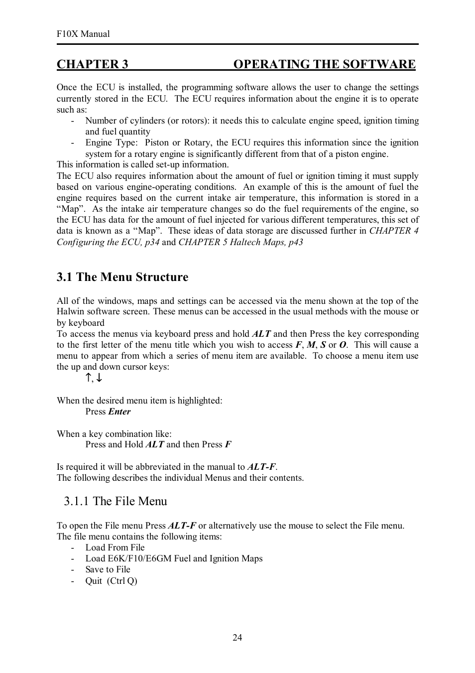 Chapter 3 operating the software, 1 the menu structure, 1 the file menu | Haltech F10X User Manual | Page 24 / 120