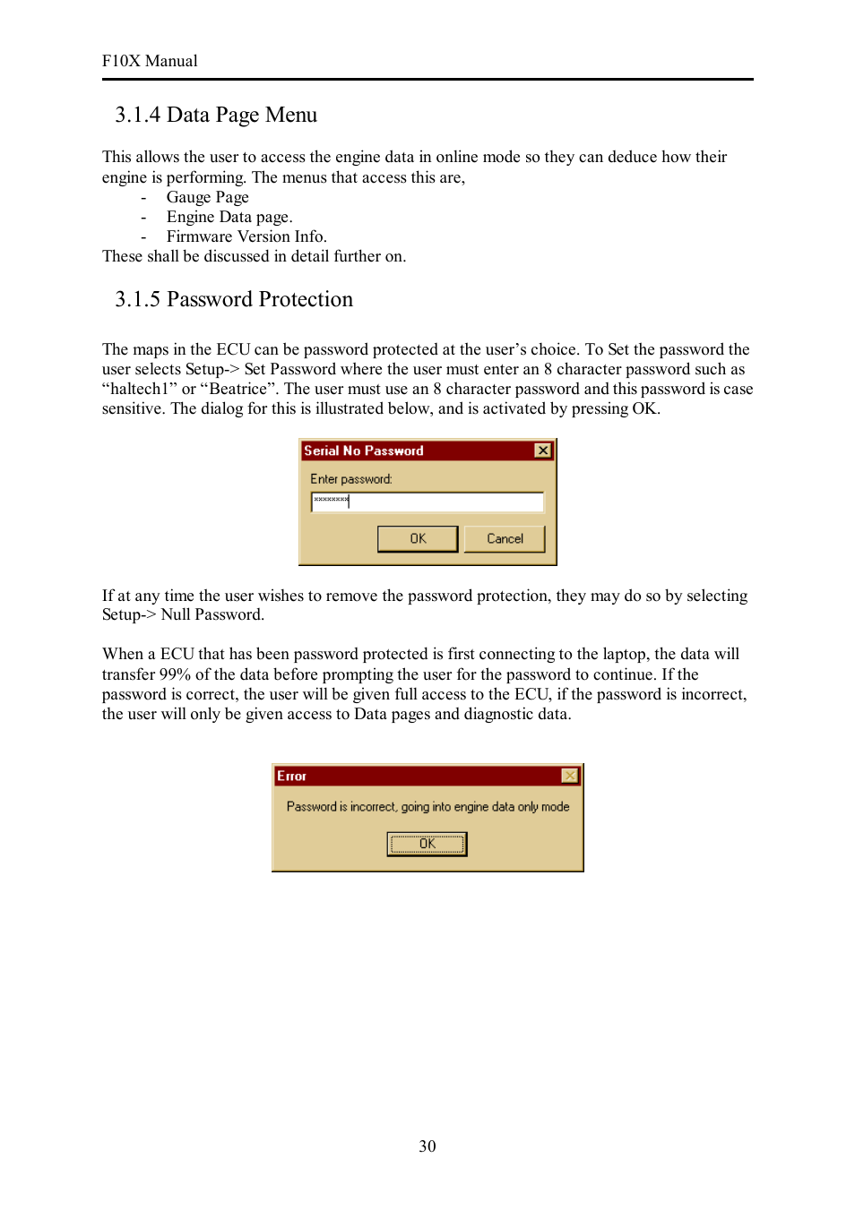 4 data page menu, 5 password protection | Haltech F10X User Manual | Page 30 / 120