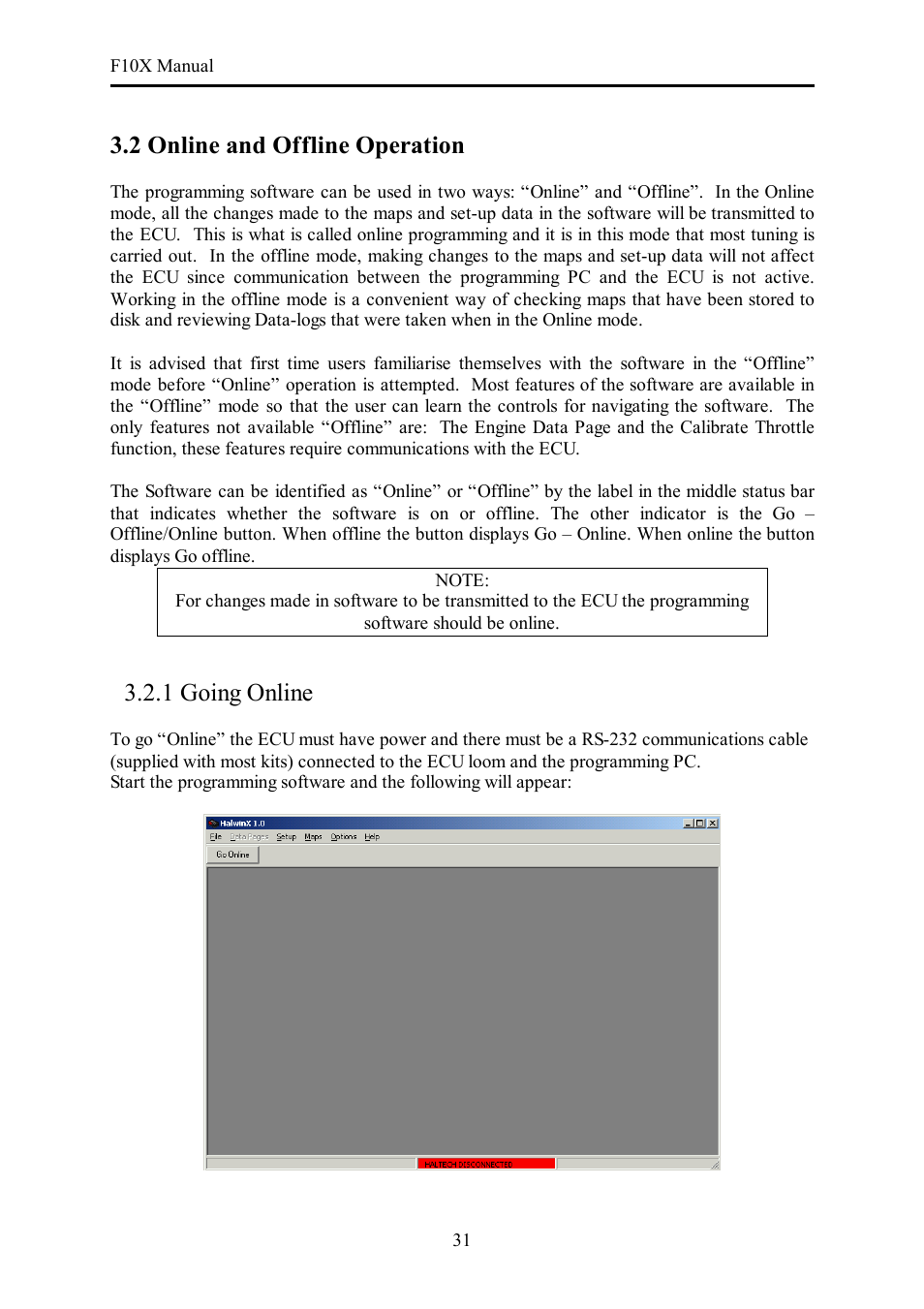 2 online and offline operation, 1 going online | Haltech F10X User Manual | Page 31 / 120