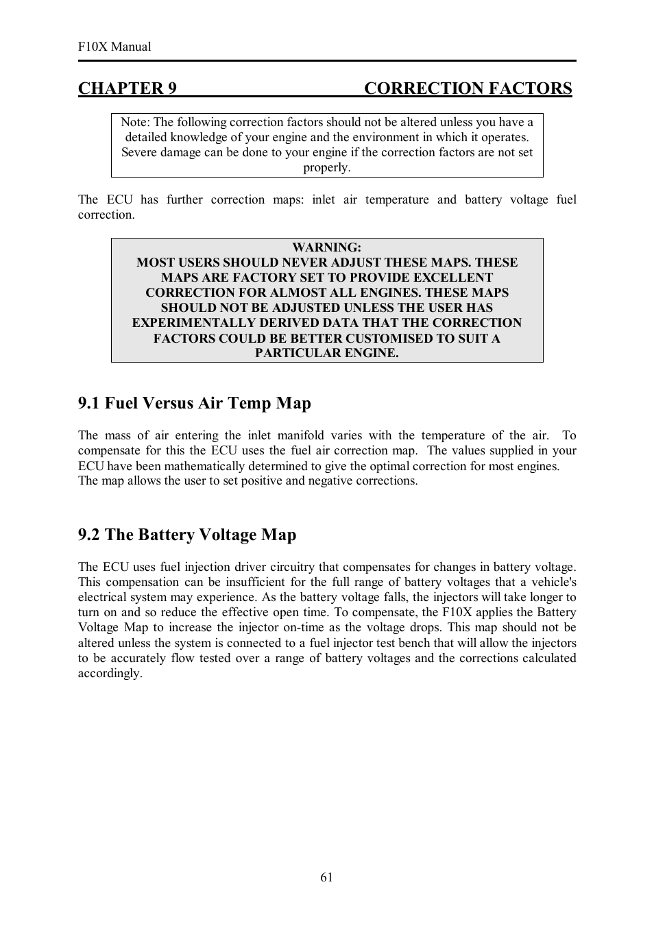 Chapter 9 correction factors, 1 fuel versus air temp map, 2 the battery voltage map | Haltech F10X User Manual | Page 61 / 120