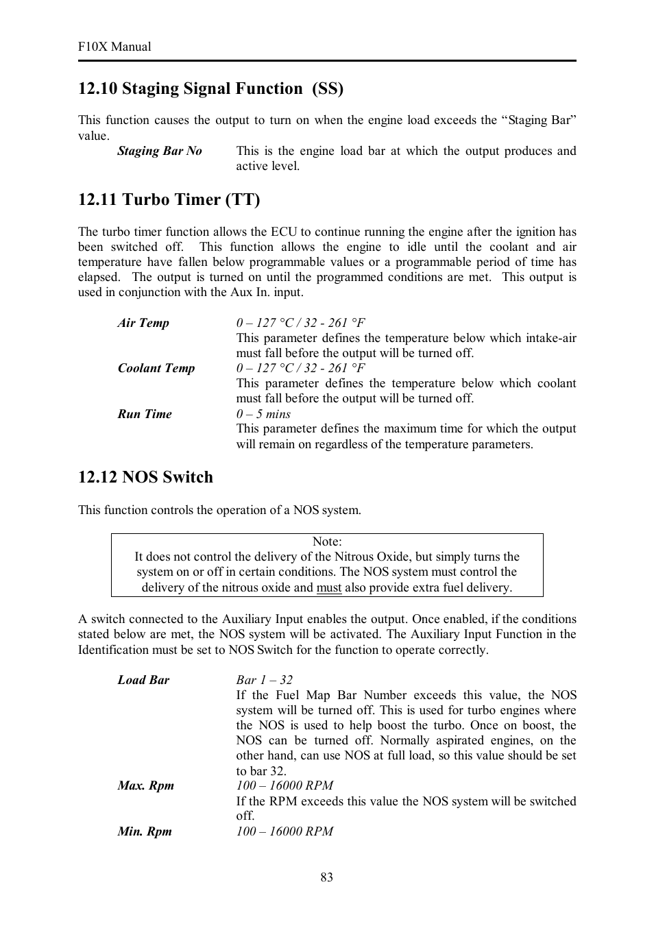 10 staging signal function (ss), 11 turbo timer (tt), 12 nos switch | Haltech F10X User Manual | Page 83 / 120
