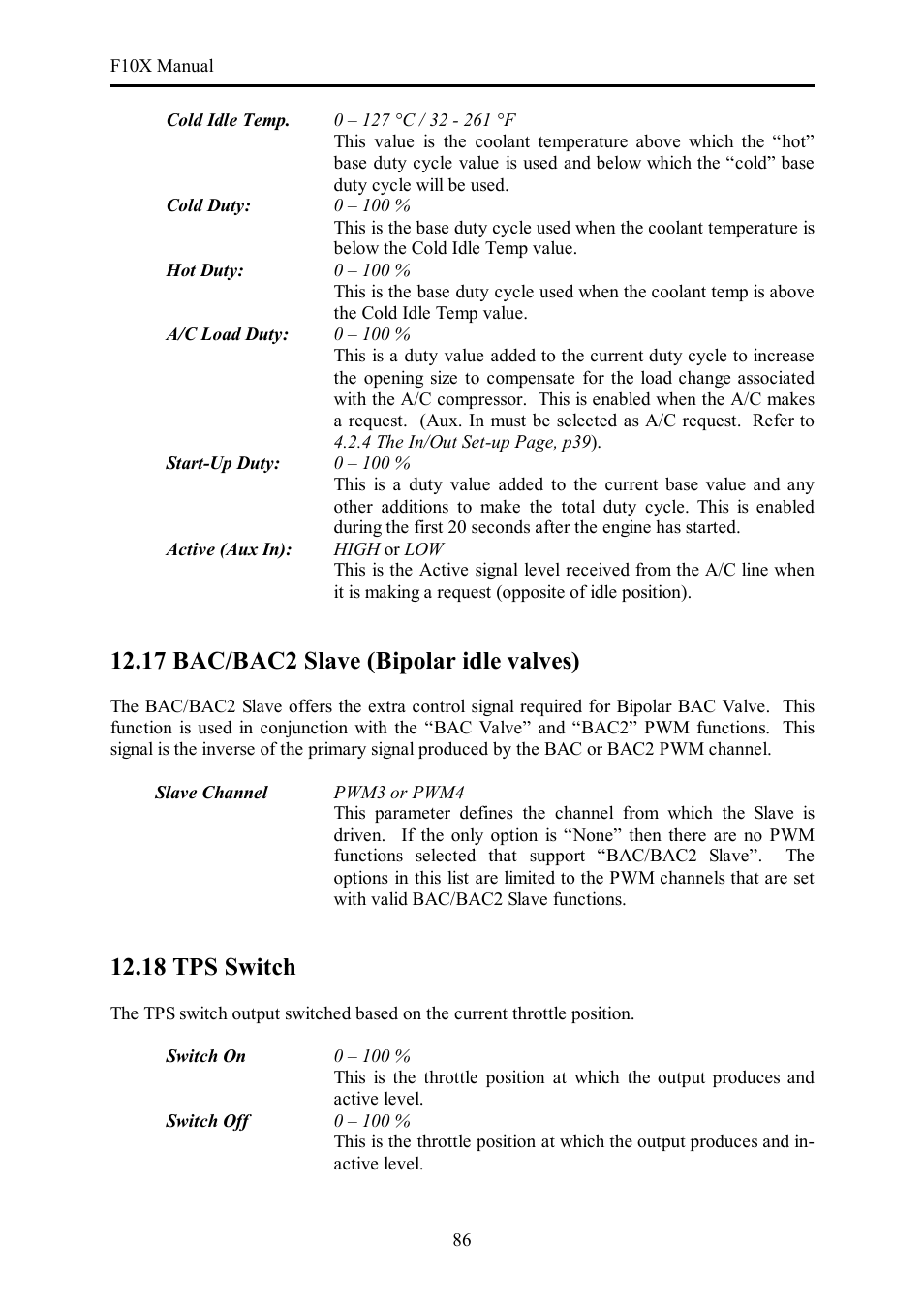 17 bac/bac2 slave (bipolar idle valves), 18 tps switch | Haltech F10X User Manual | Page 86 / 120