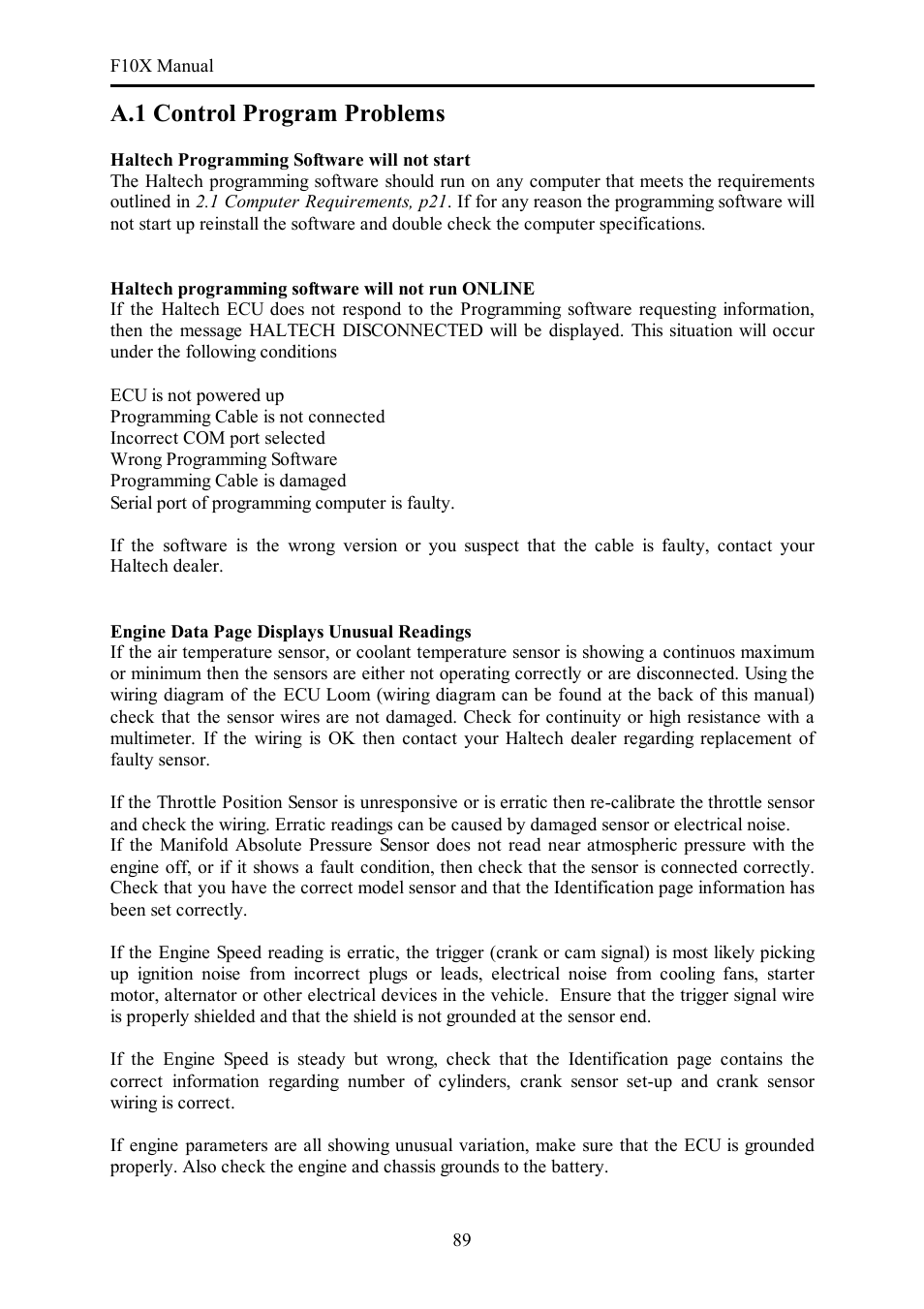 A.1 control program problems | Haltech F10X User Manual | Page 89 / 120