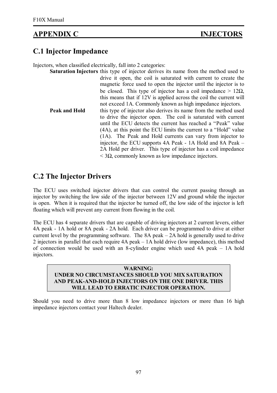 Appendix c injectors c.1 injector impedance, C.2 the injector drivers | Haltech F10X User Manual | Page 97 / 120
