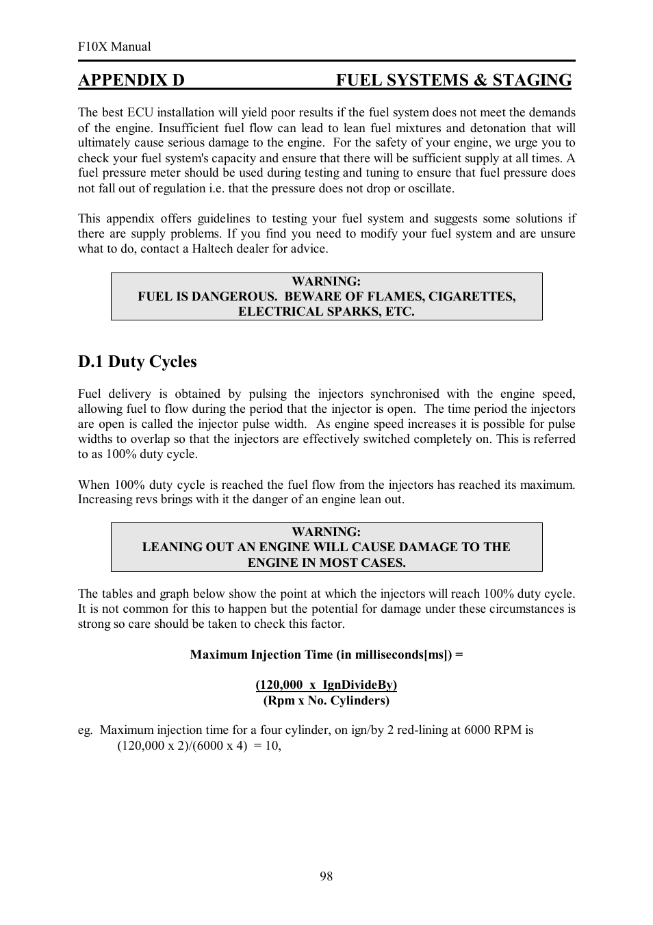 Appendix d fuel systems & staging, D.1 duty cycles | Haltech F10X User Manual | Page 98 / 120