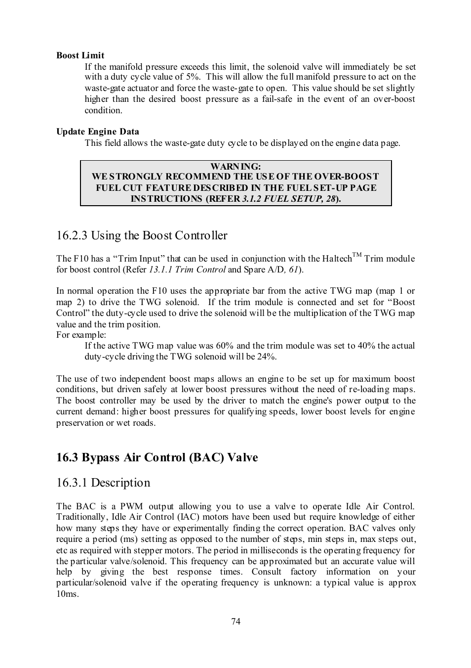 3 using the boost controller, 3 bypass air control (bac) valve, 1 description | Haltech F10 User Manual | Page 79 / 104