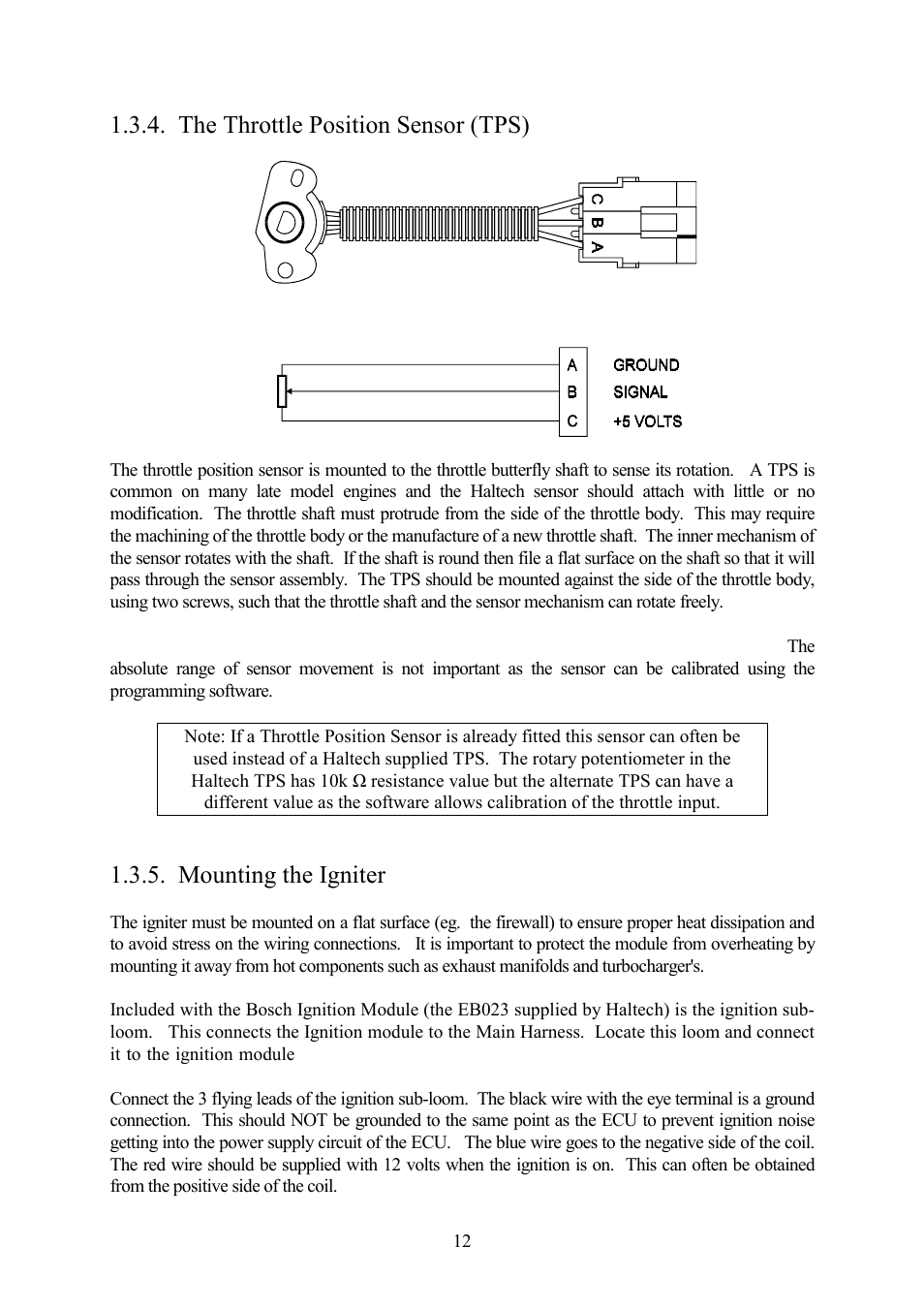 The throttle position sensor (tps), Mounting the igniter | Haltech IG5 User Manual | Page 16 / 89