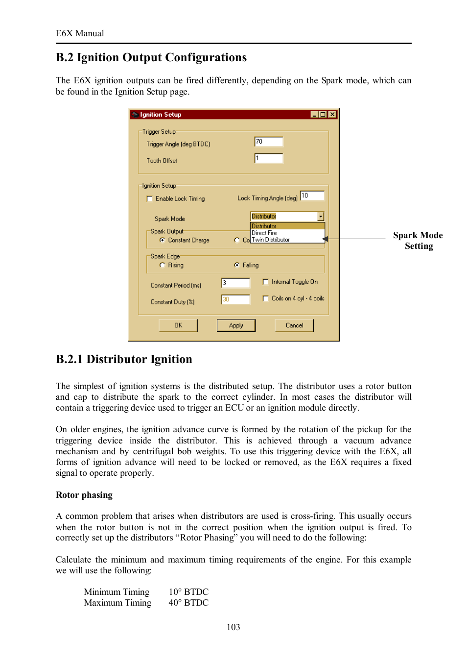 B.2 ignition output configurations, B.2.1 distributor ignition | Haltech E6X Manual Win Version User Manual | Page 103 / 176