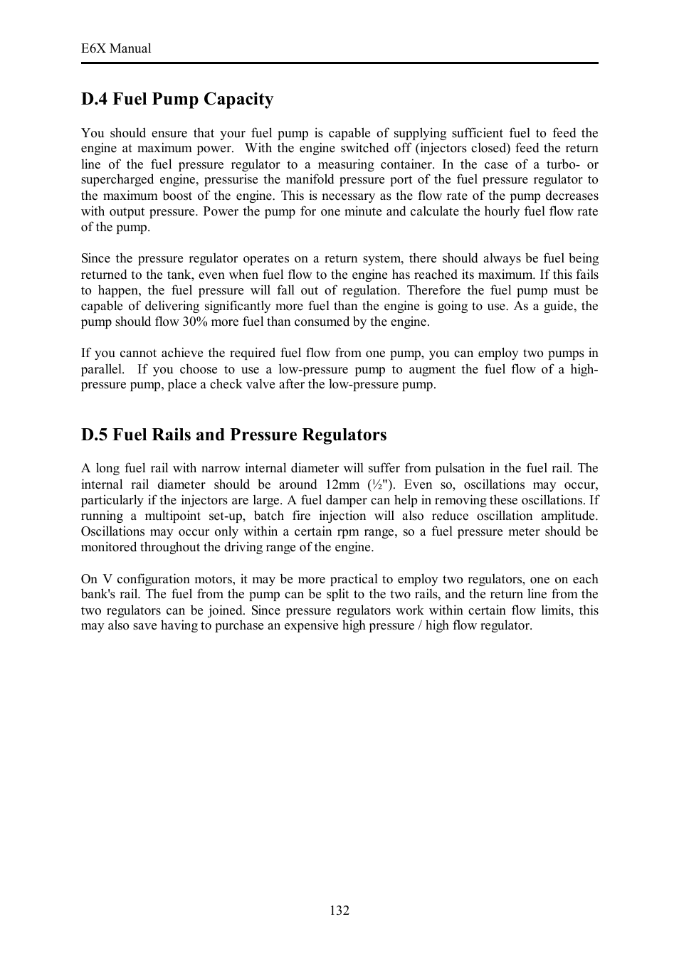 D.4 fuel pump capacity, D.5 fuel rails and pressure regulators | Haltech E6X Manual Win Version User Manual | Page 132 / 176