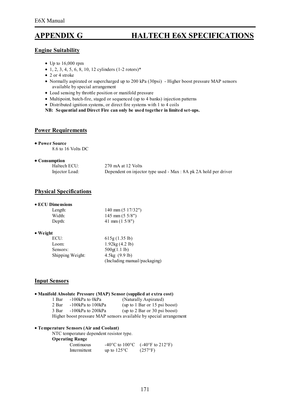 Appendix g haltech e6x specifications | Haltech E6X Manual Win Version User Manual | Page 171 / 176