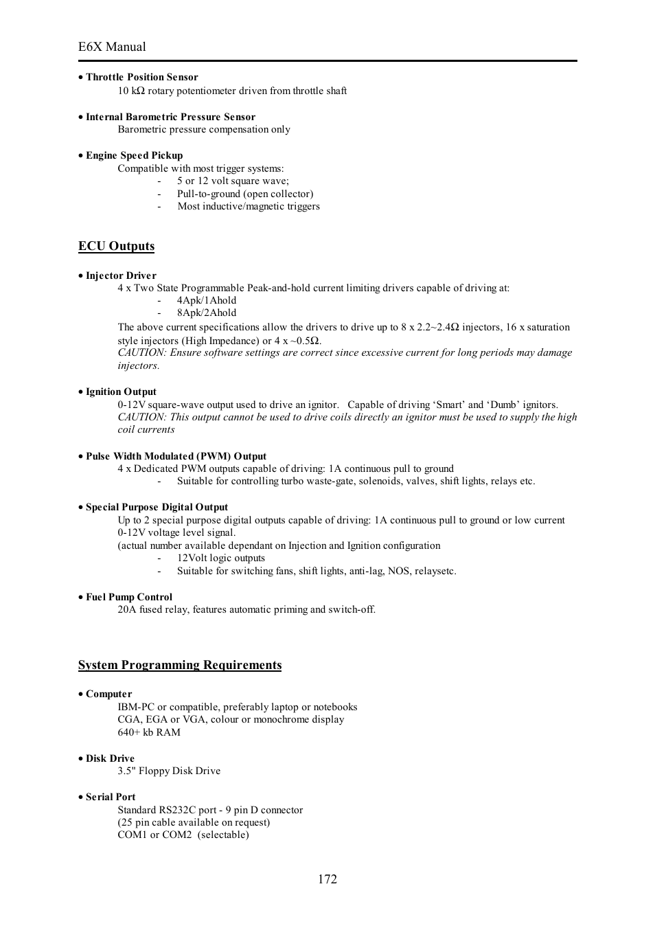 E6x manual 172, Ecu outputs, System programming requirements | Haltech E6X Manual Win Version User Manual | Page 172 / 176