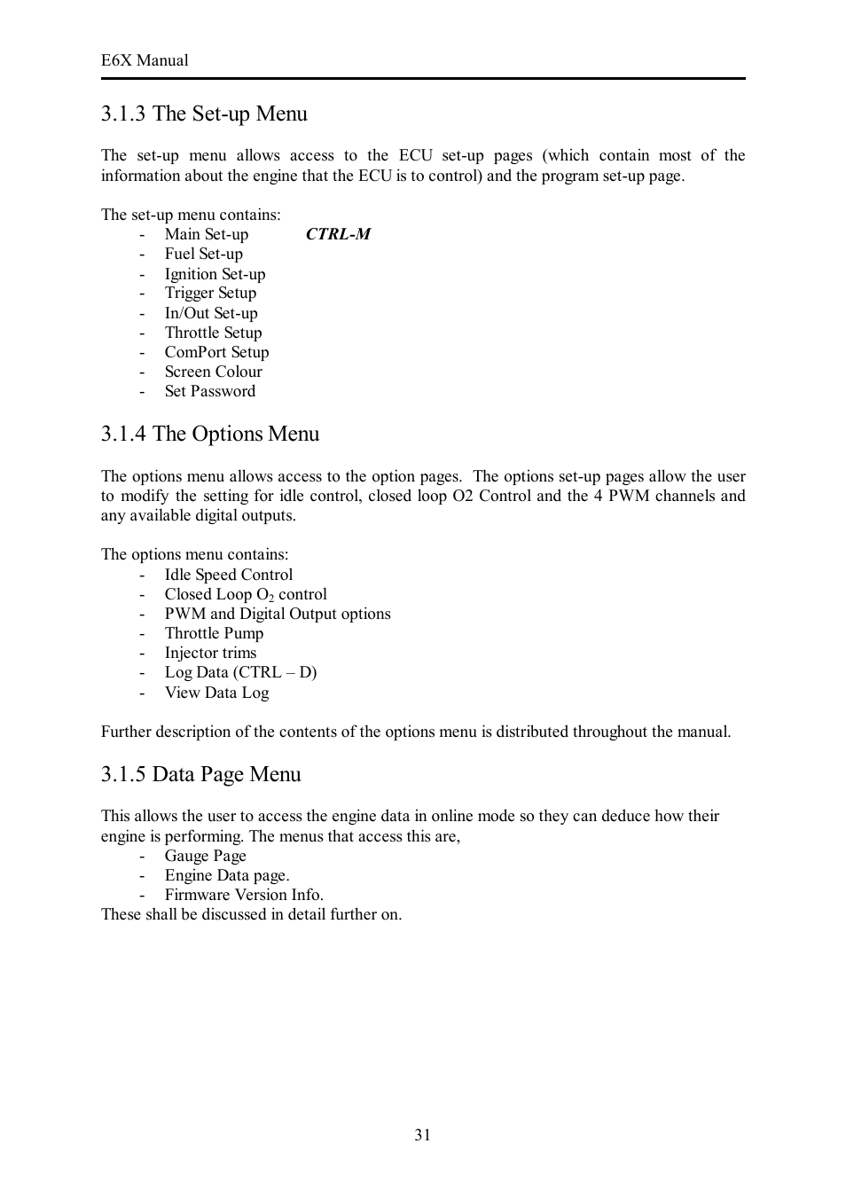 3 the set-up menu, 4 the options menu, 5 data page menu | Haltech E6X Manual Win Version User Manual | Page 31 / 176