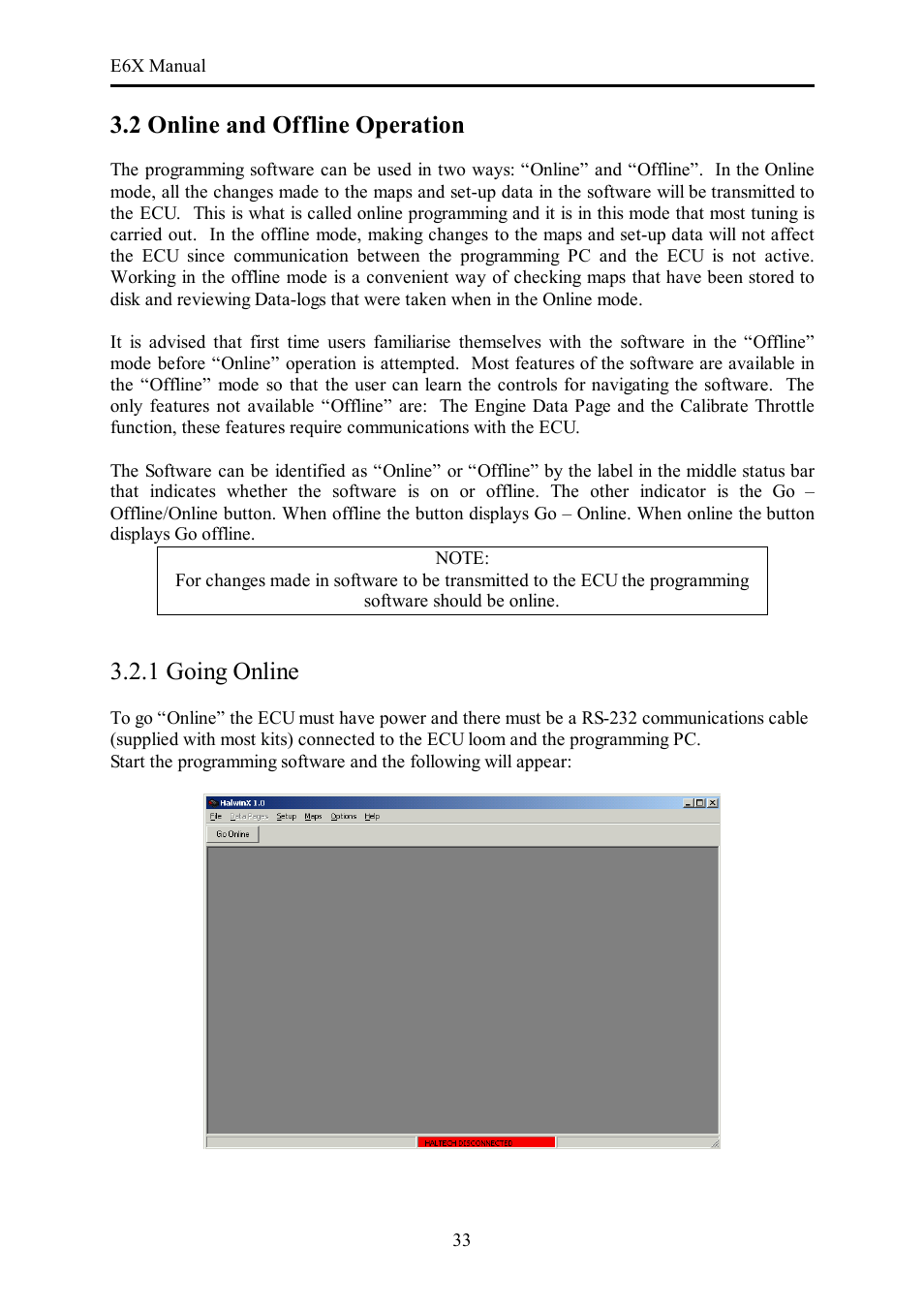 2 online and offline operation, 1 going online | Haltech E6X Manual Win Version User Manual | Page 33 / 176