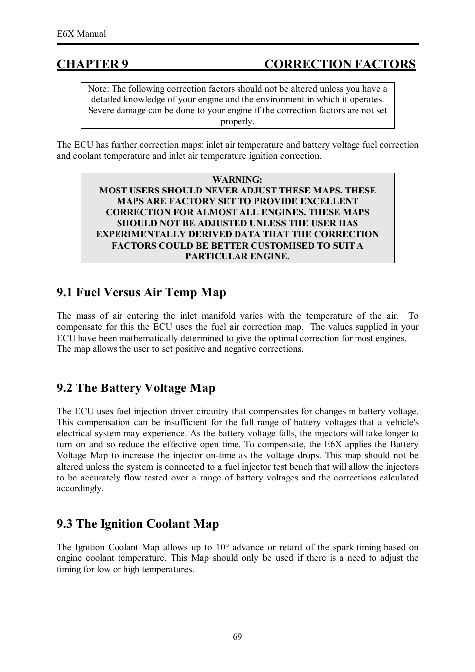 Chapter 9 correction factors, 1 fuel versus air temp map, 2 the battery voltage map | 3 the ignition coolant map | Haltech E6X Manual Win Version User Manual | Page 69 / 176