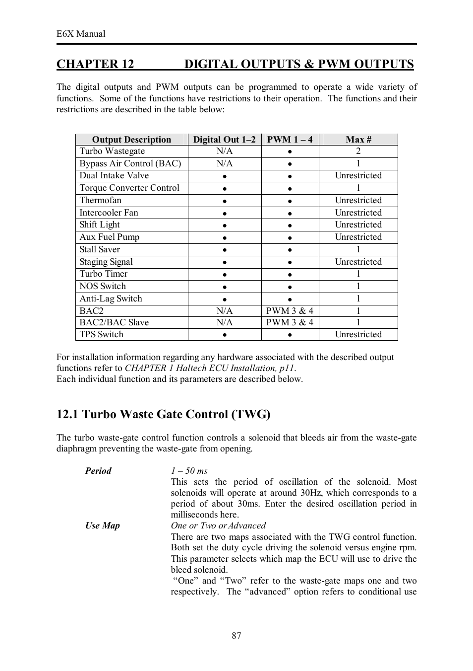 Chapter 12 digital outputs & pwm outputs, 1 turbo waste gate control (twg) | Haltech E6X Manual Win Version User Manual | Page 87 / 176