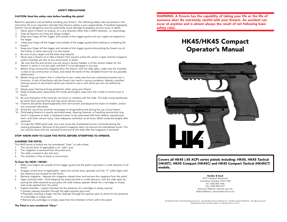 Hk45/hk45 compact operator’s manual | Heckler&Koch HK45 COMPACT TACTICAL User Manual | Page 2 / 31