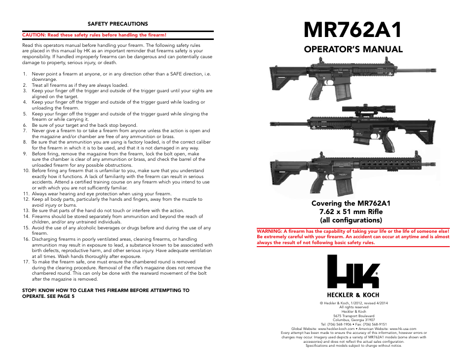 Mr762a1, Operator’s manual | Heckler&Koch MR762A1 User Manual | Page 2 / 29