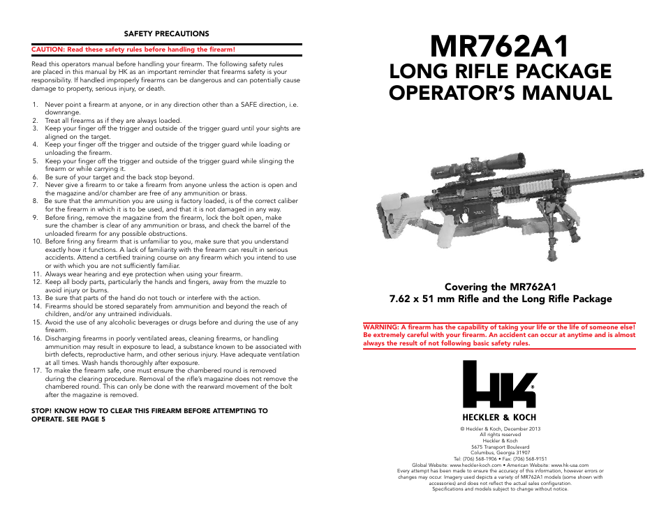 Mr762a1, Long rifle package operator’s manual | Heckler&Koch MR762A1-LRP User Manual | Page 2 / 31