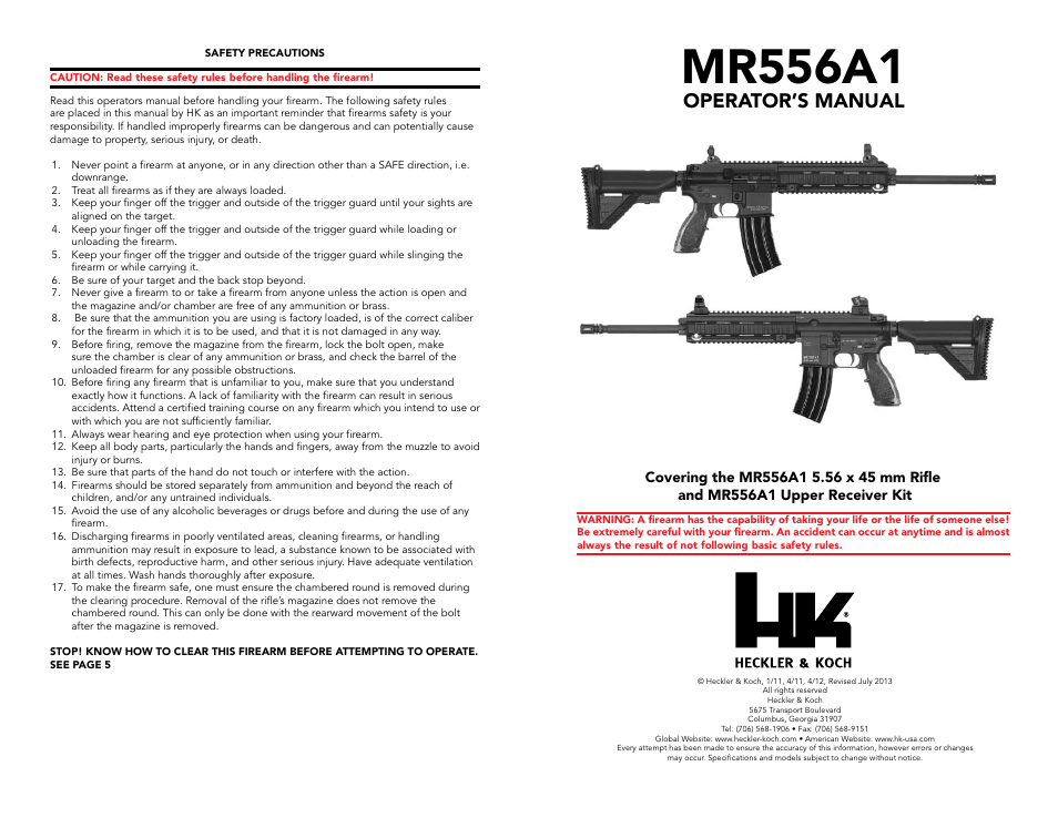 Mr556a1, Operator’s manual | Heckler&Koch MR556A1 User Manual | Page 2 / 31