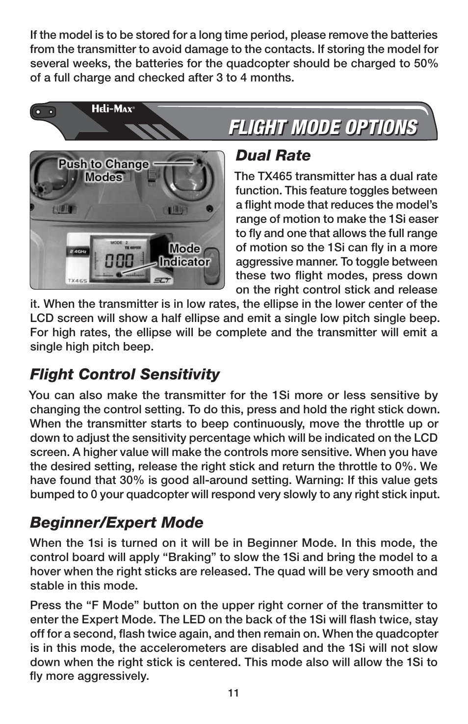 Flight mode options, Dual rate, Flight control sensitivity | Beginner/expert mode | Heli-Max HMXE0832 User Manual | Page 11 / 20