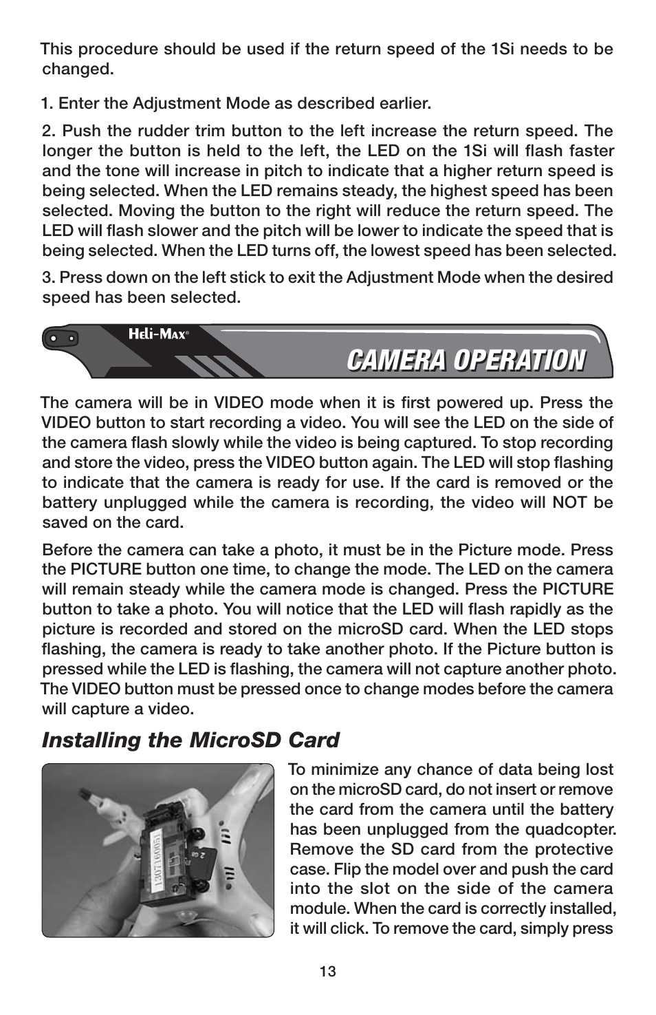 Camera operation, Installing the microsd card | Heli-Max HMXE0832 User Manual | Page 13 / 20