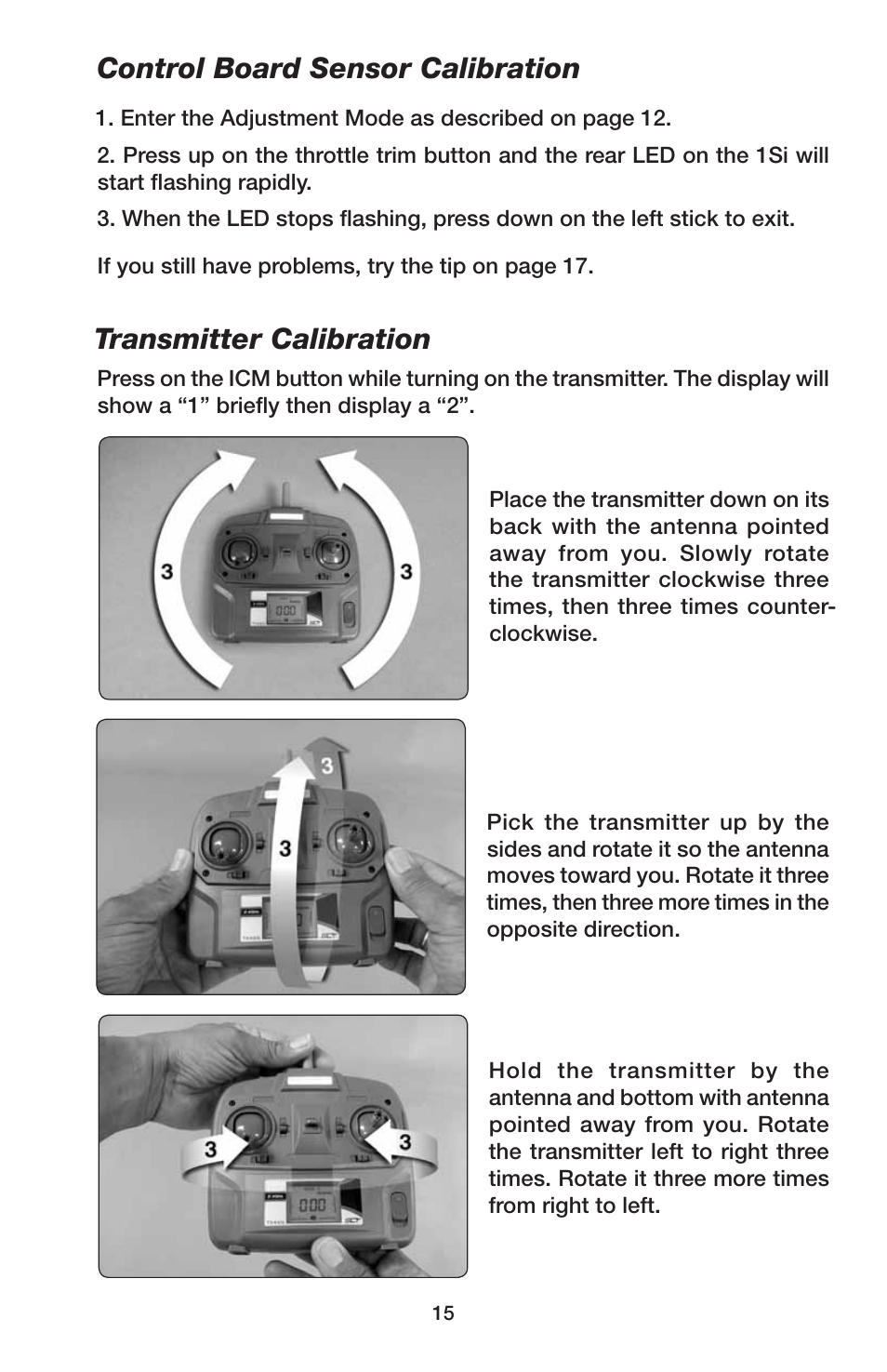 Control board sensor calibration, Transmitter calibration | Heli-Max HMXE0832 User Manual | Page 15 / 20