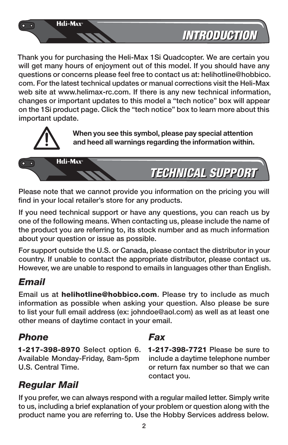 Introduction, Technical support, Email | Phone, Regular mail | Heli-Max HMXE0832 User Manual | Page 2 / 20