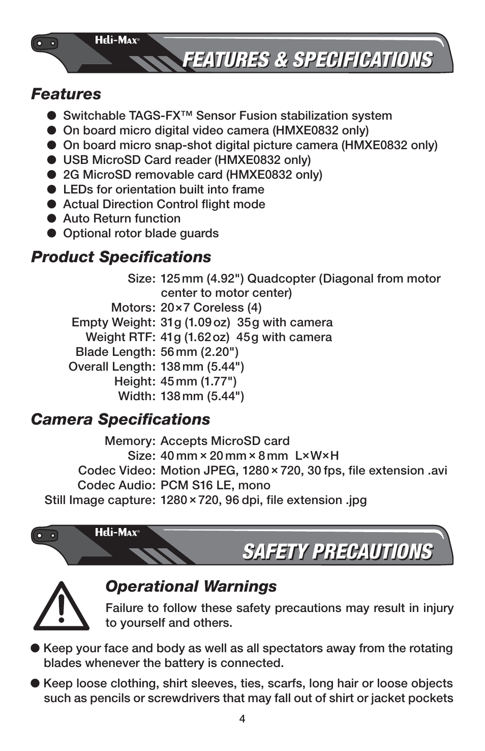 Features & specifications, Safety precautions, Features | Product specifi cations, Camera specifi cations, Operational warnings | Heli-Max HMXE0832 User Manual | Page 4 / 20