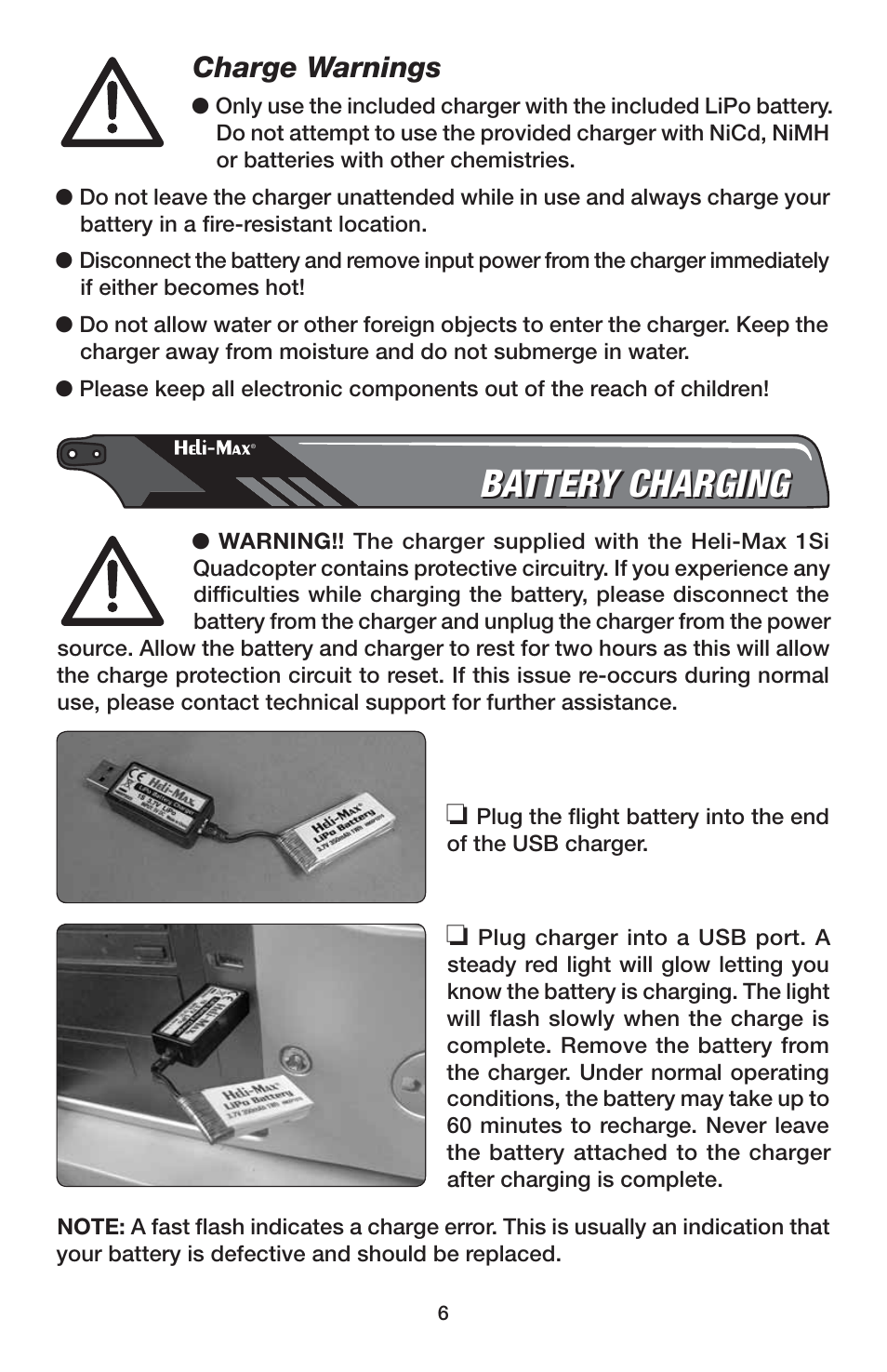 Battery charging, Charge warnings | Heli-Max HMXE0832 User Manual | Page 6 / 20