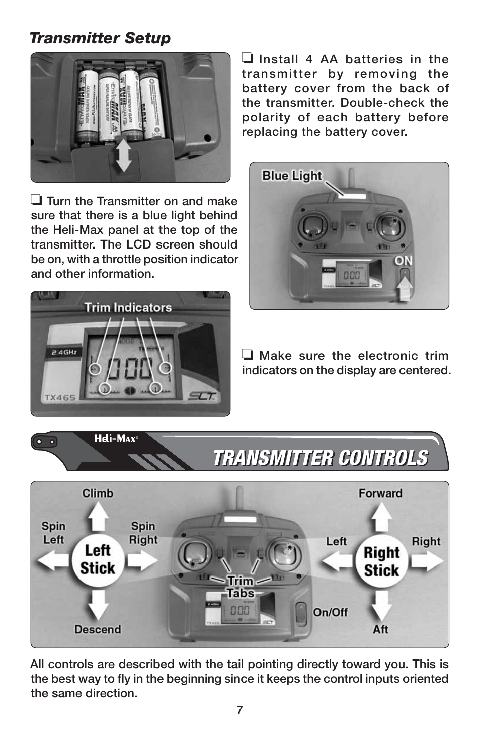 Transmitter controls, Transmitter setup | Heli-Max HMXE0832 User Manual | Page 7 / 20